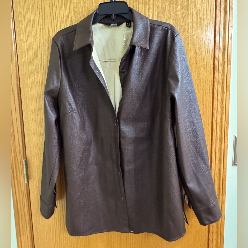 Dennis Basso Textured Faux Leather Button Front Shirt - New